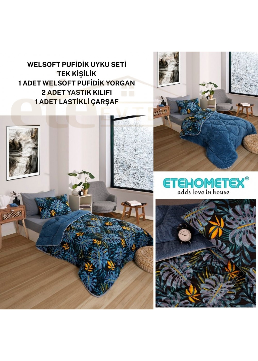 ETE HOMETEX TEK KİŞİLİK WELSOFT UYKU SETİ MONESTERA İNDİGO 8696474232016